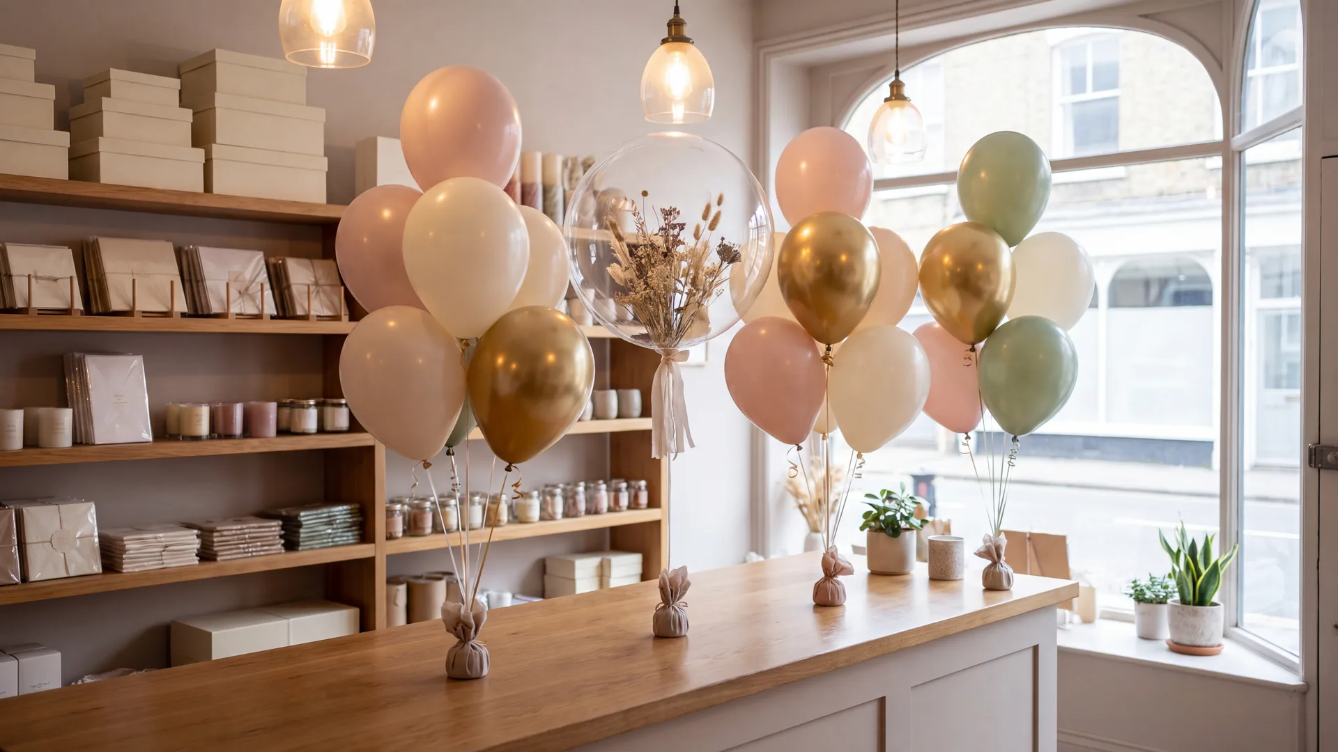 Illustration of the shop's balloon work: bouquets in pink, ivory and gold made up on a counter
